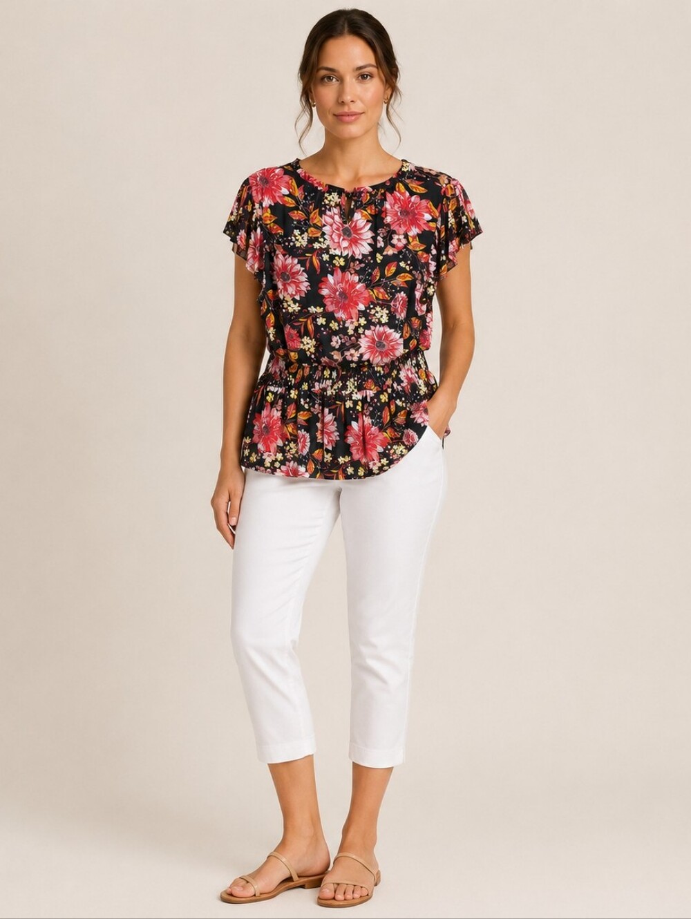 So It Is Floral Peplum Blouse Smocked Waist Flutter Sleeve Large A-250